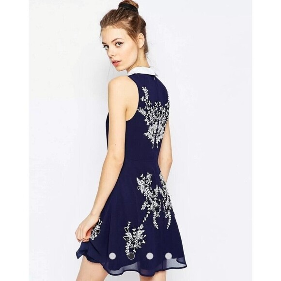 ASOS Skater Dress Embroidered Floral Beaded Sequin Mini With Collar Size 8 - Picture 2 of 12
